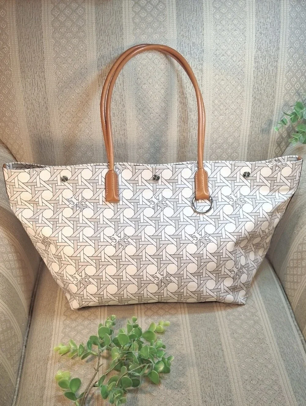 Tory Burch Canvas & Leather Basketweave Large Tote